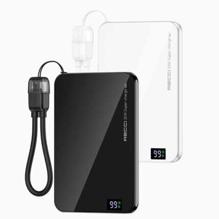 Recci W41 Magnetic Power Bank 5000mAh with 15W Magnetic Wireless Charging, 20W PD Fast Charging, Built-in USB-C Cable, Ultra Slim 8mm Portable Charger